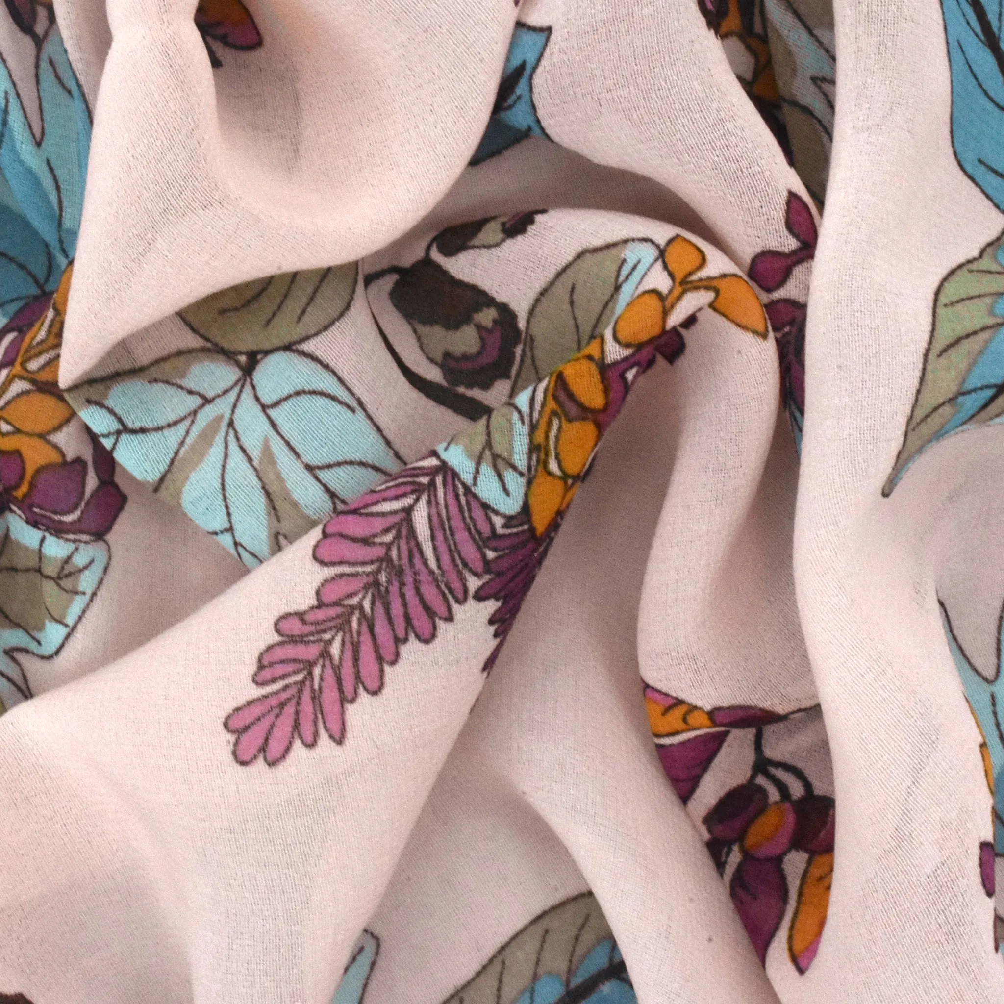 2 YD PC-Almond Pink-Teal-Multi Leaves Printed Poly Chiffon Woven Fabric