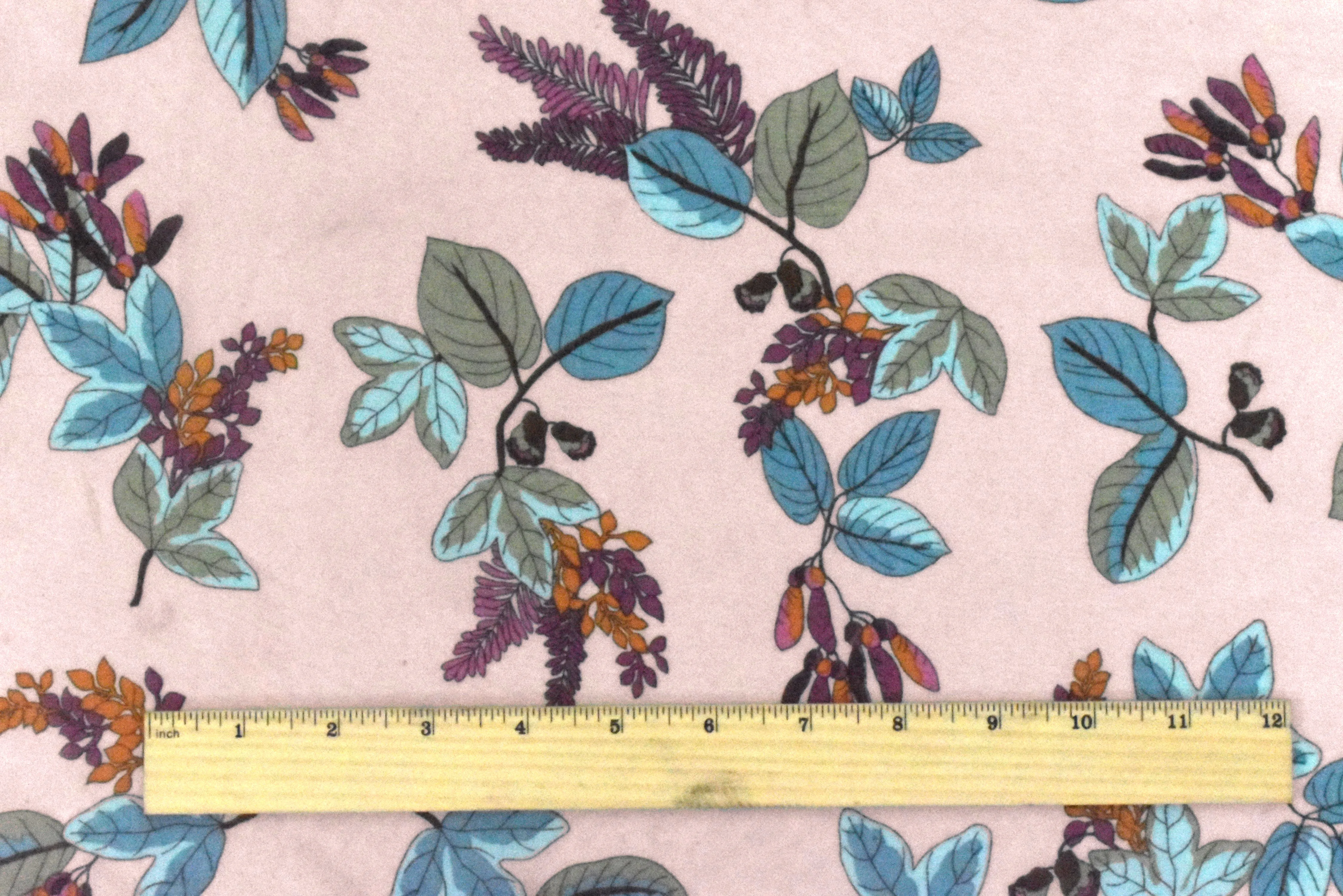 2 YD PC-Almond Pink-Teal-Multi Leaves Printed Poly Chiffon Woven Fabric