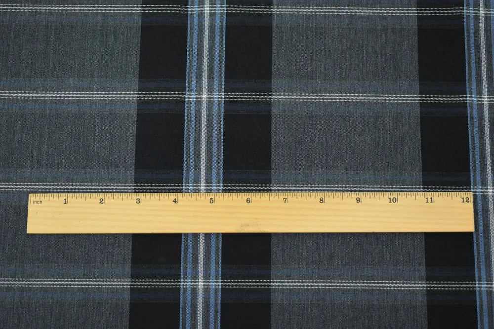 Black-Blue-Multi Wool-Polyester Plaid Woven Shirting Fabric