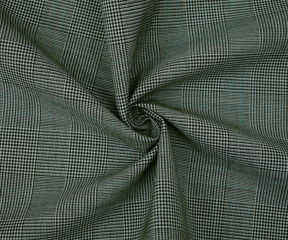 Black-Gray-Green Poly Wool Blend Glen Plaid Shirting Fabric