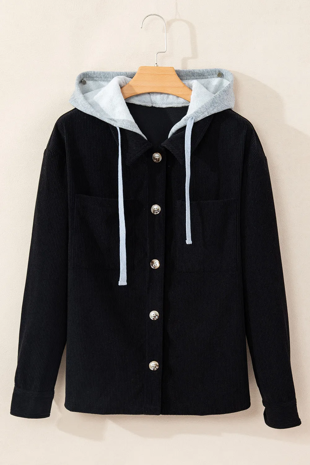 Black Hooded Corduroy Shacket