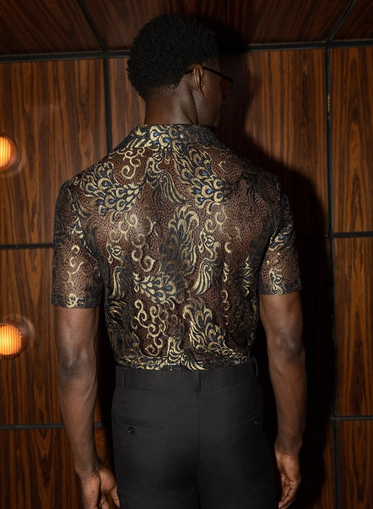 Black Lace Gold Short Sleeve Cuban Peacock Shirt