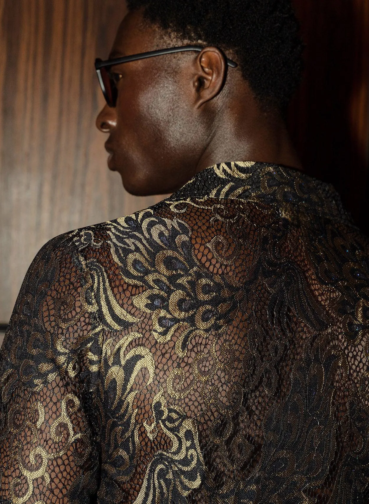 Black Lace Gold Short Sleeve Cuban Peacock Shirt