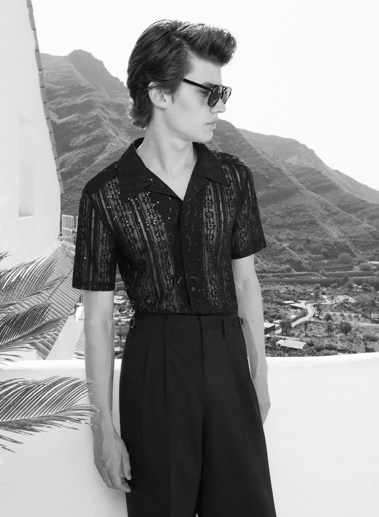 Black Lace Sequin Cuban Shirt