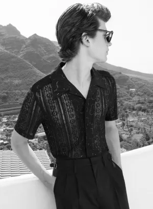 Black Lace Sequin Cuban Shirt