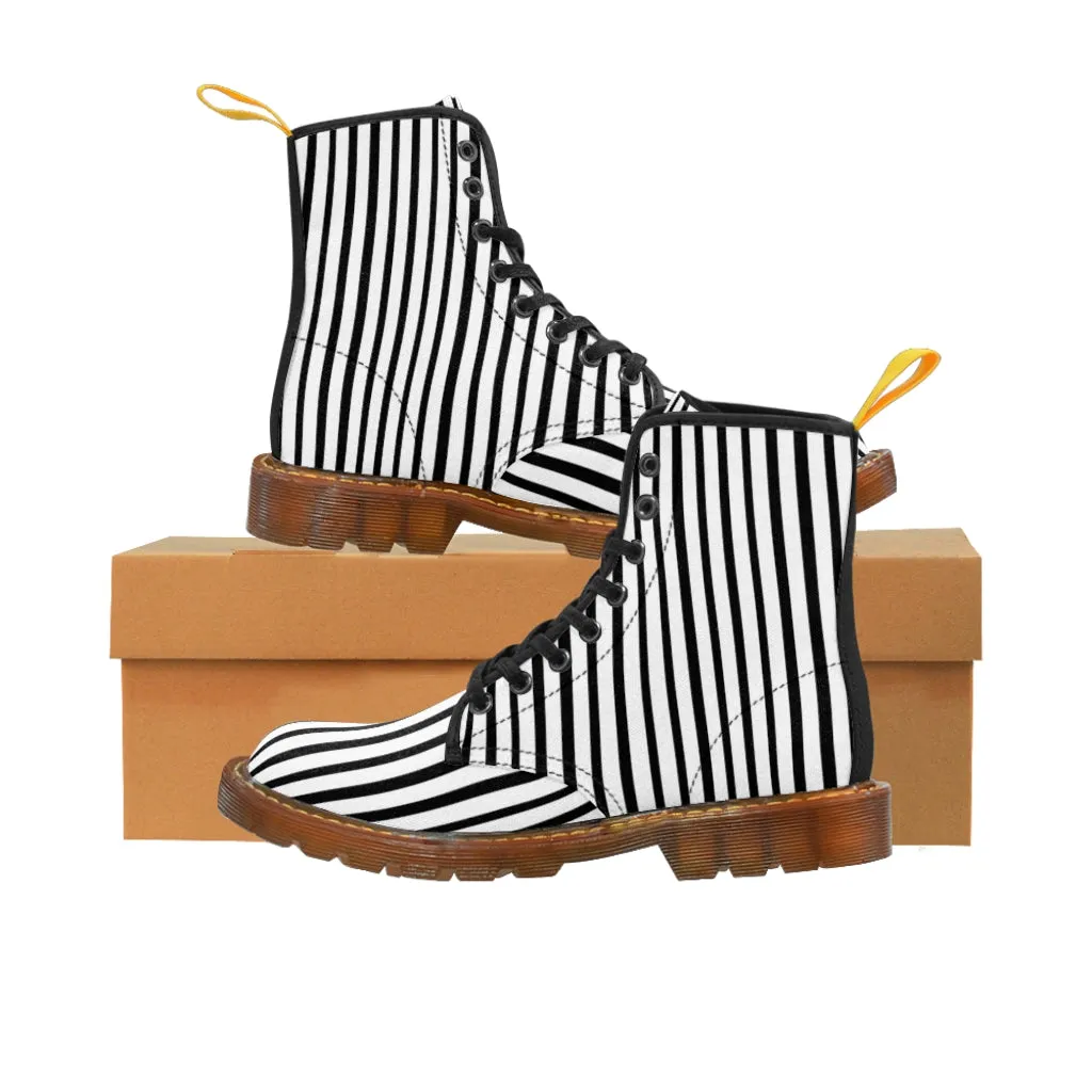 Black Striped Women's Canvas Boots, Vertical Stripes Print Winter Hiking Combat Boots For Ladies