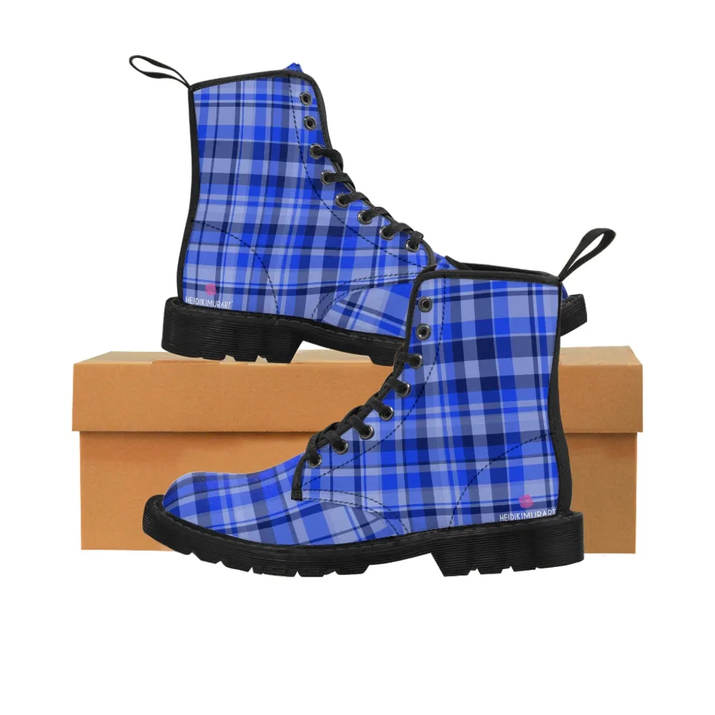 Blue Plaid Women's Combat Boots, Best Plaid Print Winter Boots For Women (US Size 6.5-11)