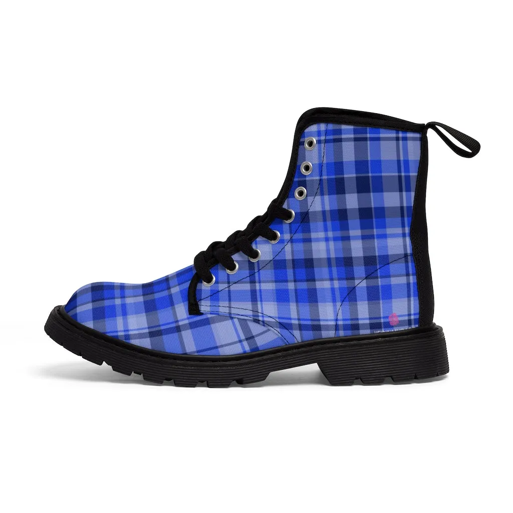 Blue Plaid Women's Combat Boots, Best Plaid Print Winter Boots For Women (US Size 6.5-11)