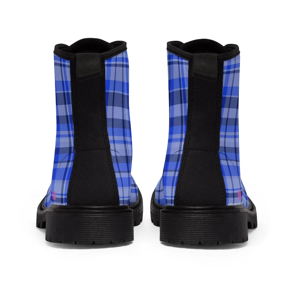 Blue Plaid Women's Combat Boots, Best Plaid Print Winter Boots For Women (US Size 6.5-11)