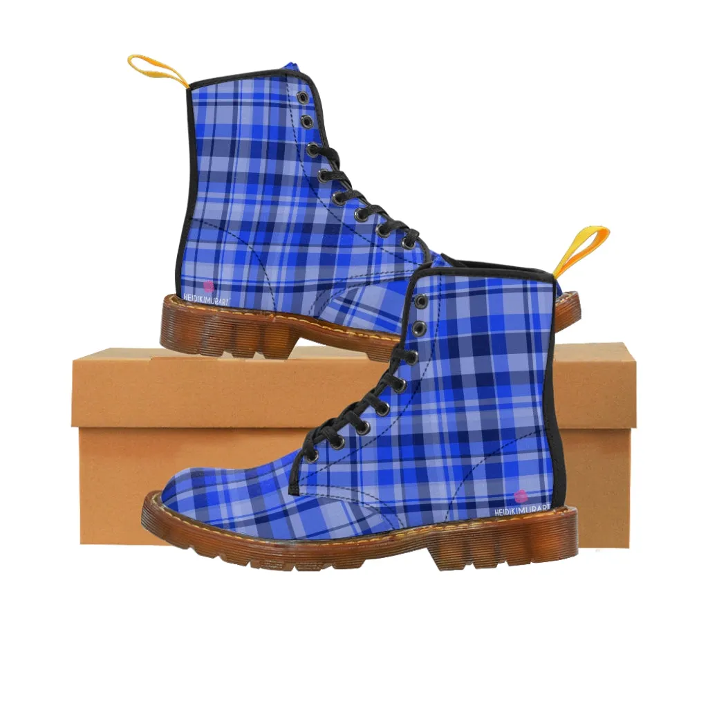 Blue Plaid Women's Combat Boots, Best Plaid Print Winter Boots For Women (US Size 6.5-11)