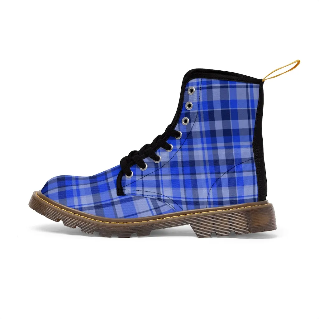 Blue Plaid Women's Combat Boots, Best Plaid Print Winter Boots For Women (US Size 6.5-11)