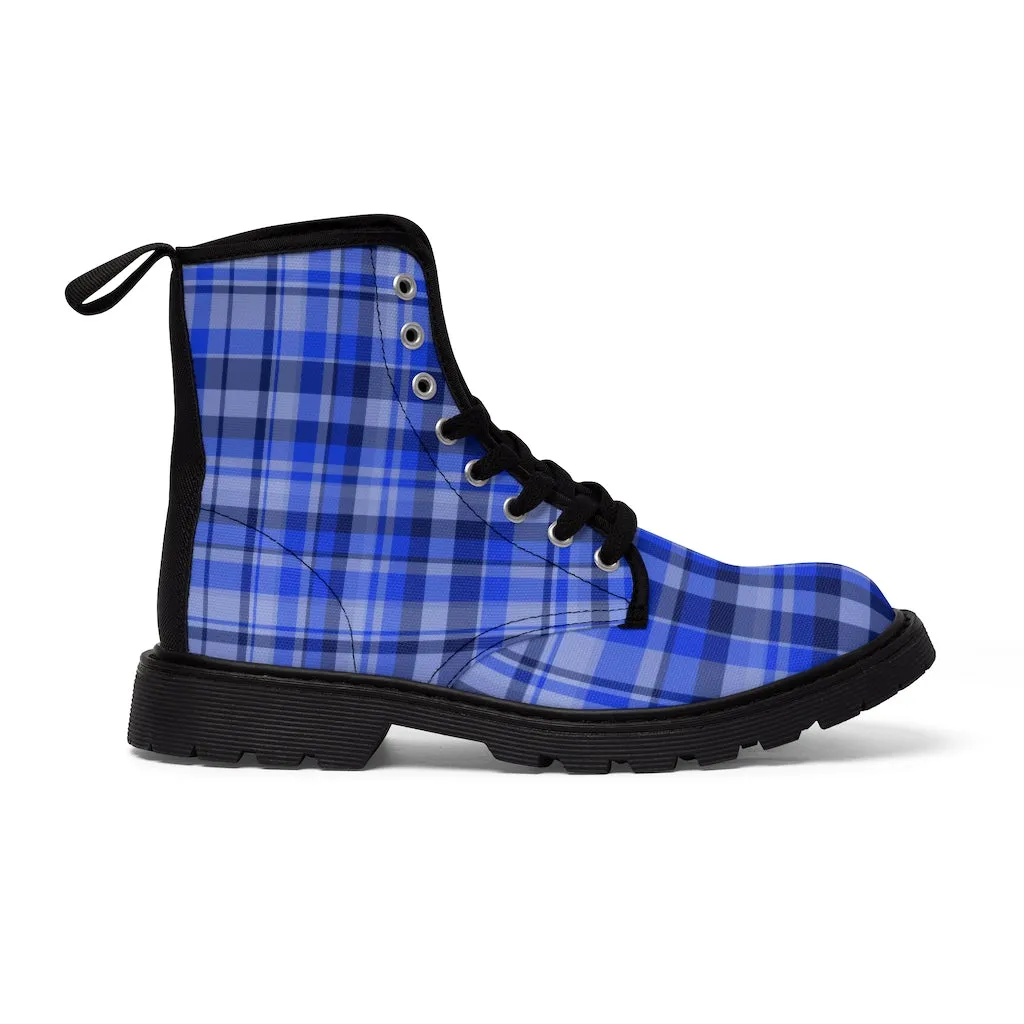 Blue Plaid Women's Combat Boots, Best Plaid Print Winter Boots For Women (US Size 6.5-11)