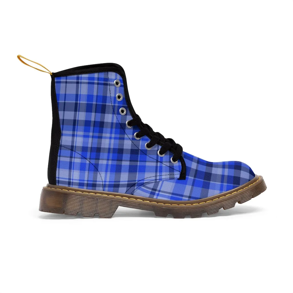 Blue Plaid Women's Combat Boots, Best Plaid Print Winter Boots For Women (US Size 6.5-11)