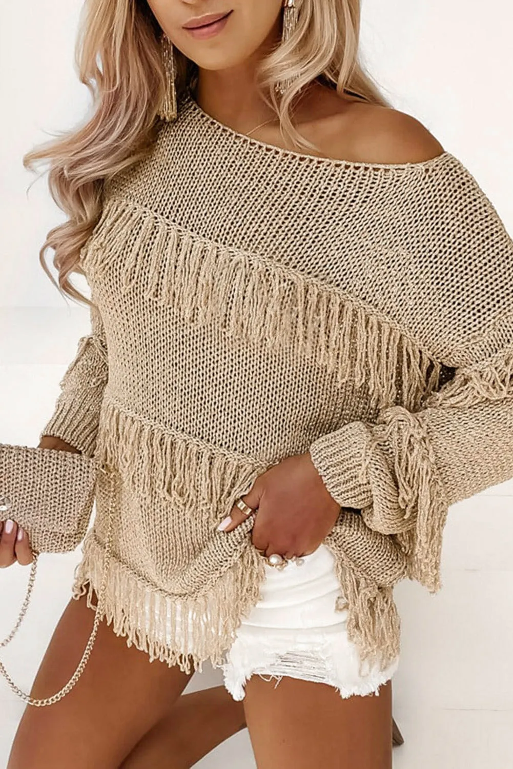 Bohemian Khaki Knit Sweater with Tassels