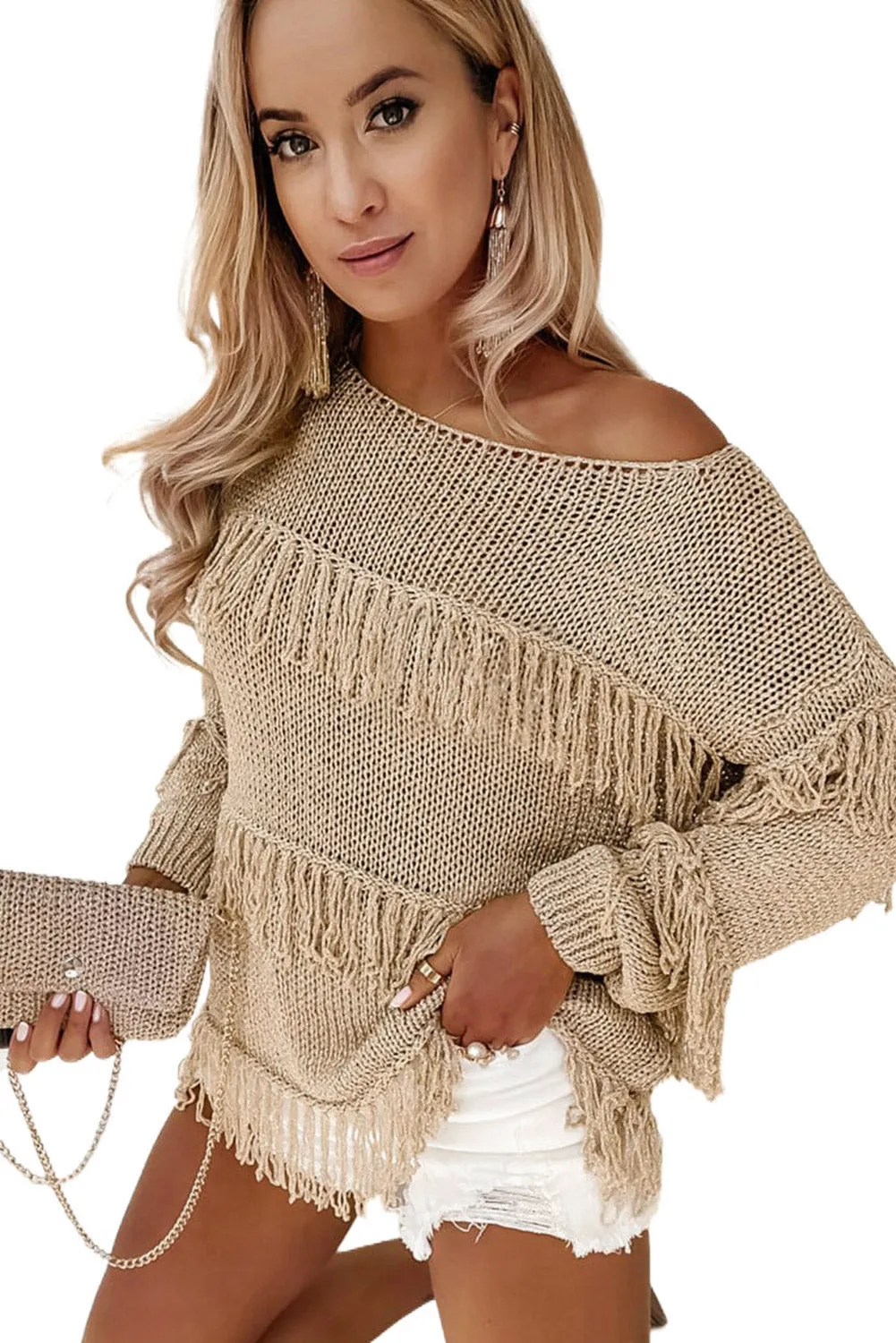 Bohemian Khaki Knit Sweater with Tassels