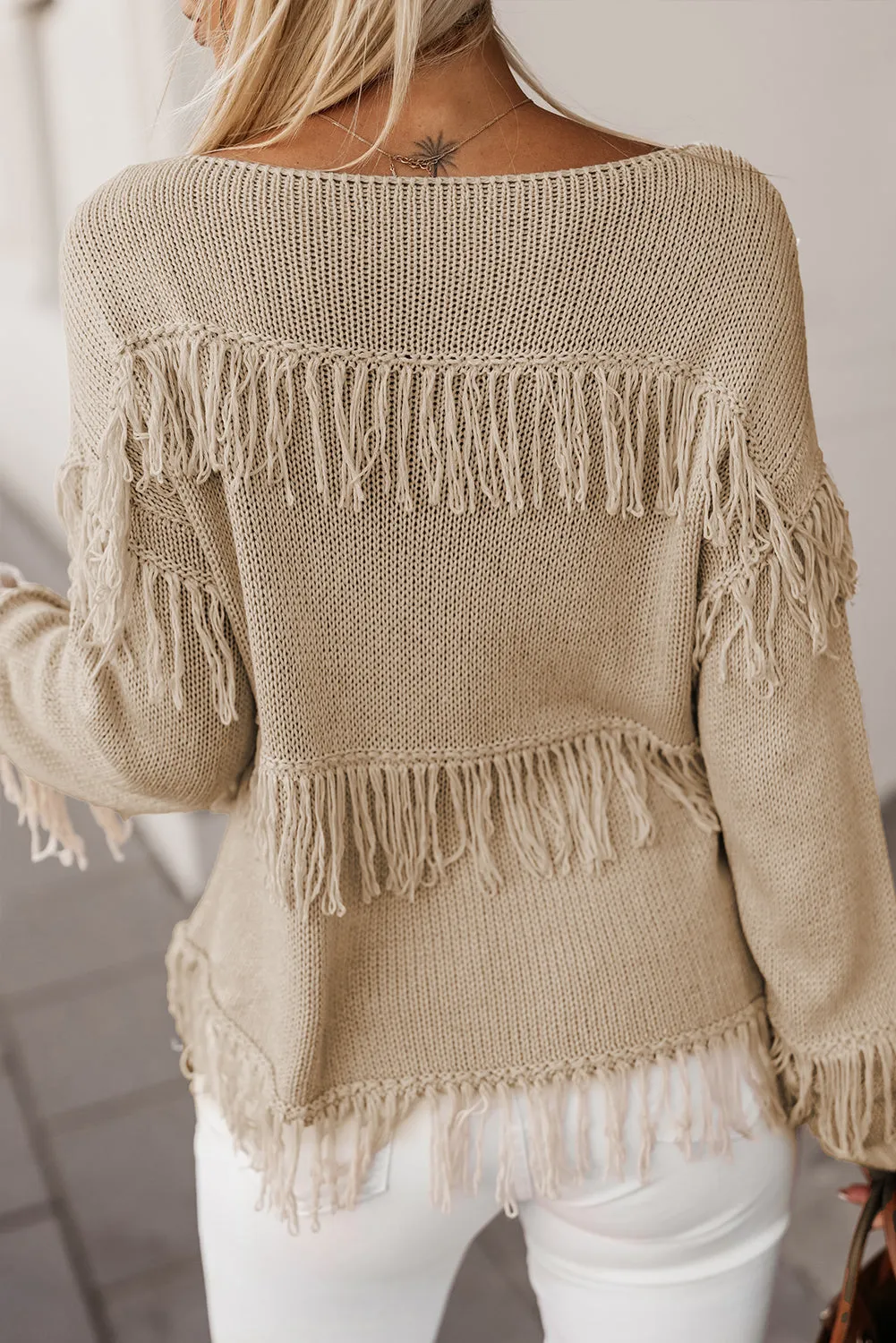 Bohemian Khaki Knit Sweater with Tassels