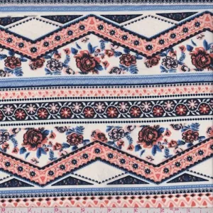 Bone/Clay/Blue Floral Chevron Challis Fabric