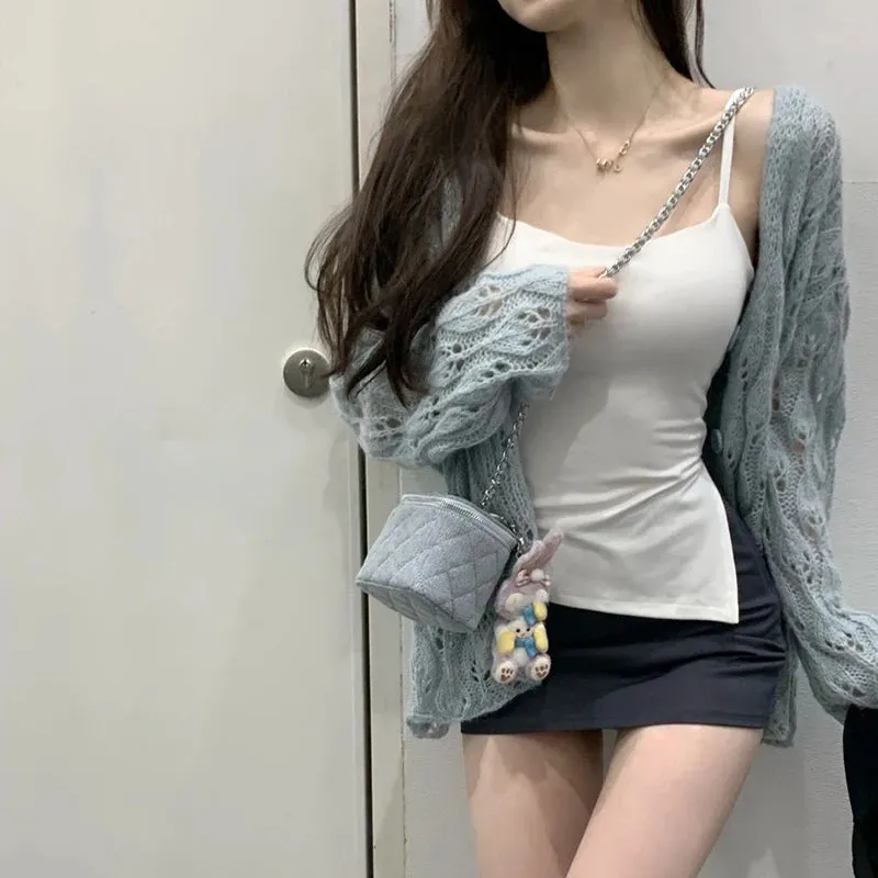 Bonnyshow   Autumn Thin Hollow Out Knitted Cardigan Women Sexy Long Sleeve Shawl Button Sweater Woman Casual Sun Protection Outwear