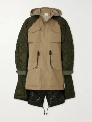 Convertible quilted shell and cotton-gabardine hooded coat