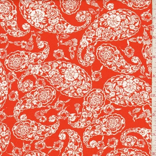 Coral Red/White Floral Paisley Rayon Challis Fabric