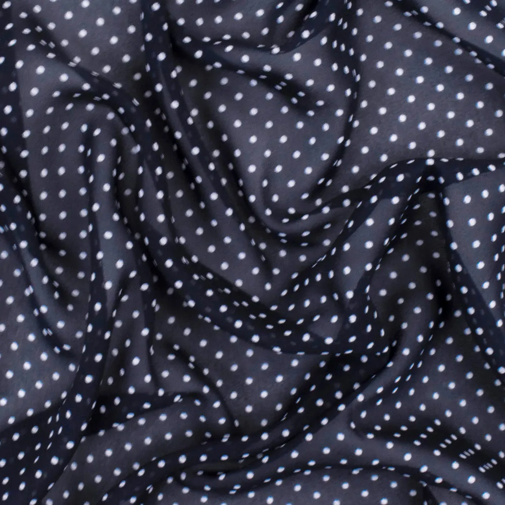 Dark Blue-White Dot Printed Polyester Chiffon Woven Fabric