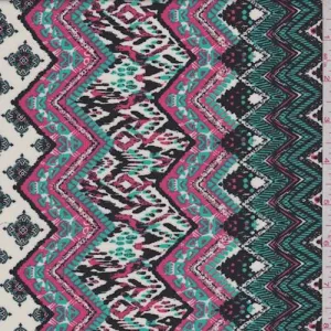 Dark Cream/Deep Pink Zig Zag Rayon Challis Fabric