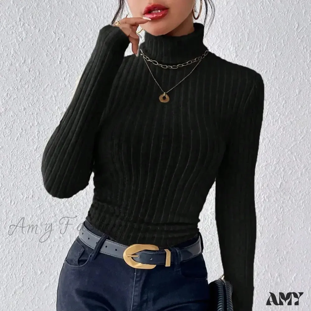 Elegant Solid Basic Knitted Tops Women Turtleneck Long Sleeve Casual Slim Sweater