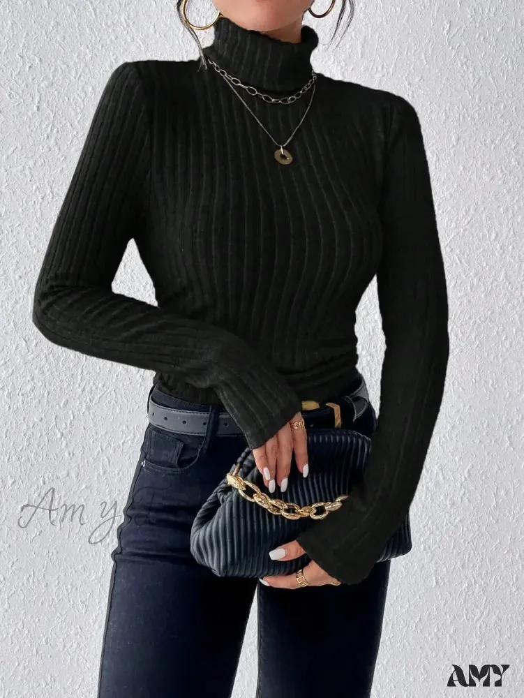 Elegant Solid Basic Knitted Tops Women Turtleneck Long Sleeve Casual Slim Sweater