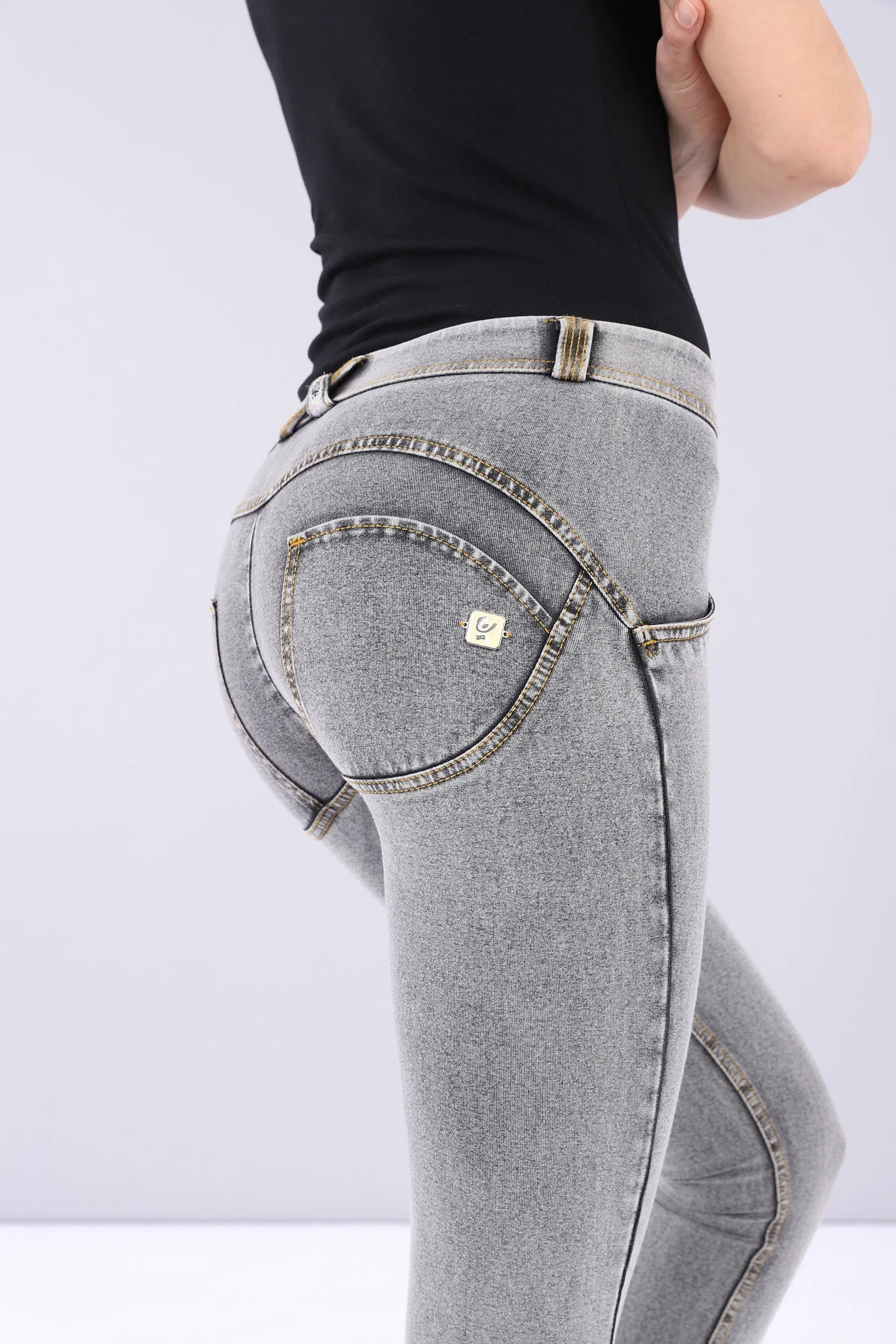 Grey Denim Yellow Stitch Mid-Rise Full-Length