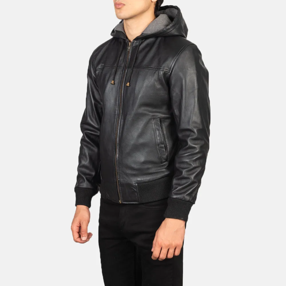 Intuitix Black Hooded Bomber Leather Jacket