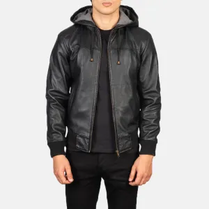 Intuitix Black Hooded Bomber Leather Jacket