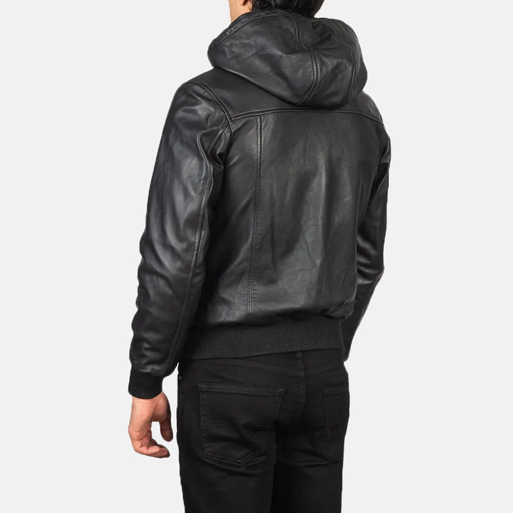 Intuitix Black Hooded Bomber Leather Jacket