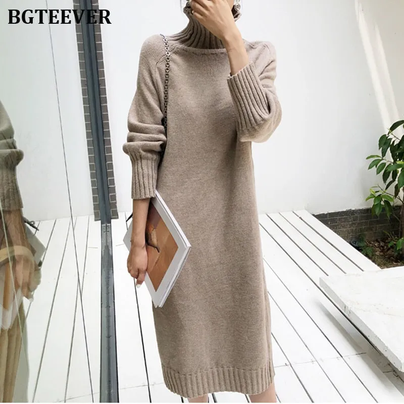 Joskaa Christmas Gift Elegant Turtleneck Knitted Dress Women Autumn Loose Female Sweater Dress Winter Thicken Knitted Pullovers Dress Vestidos 2019