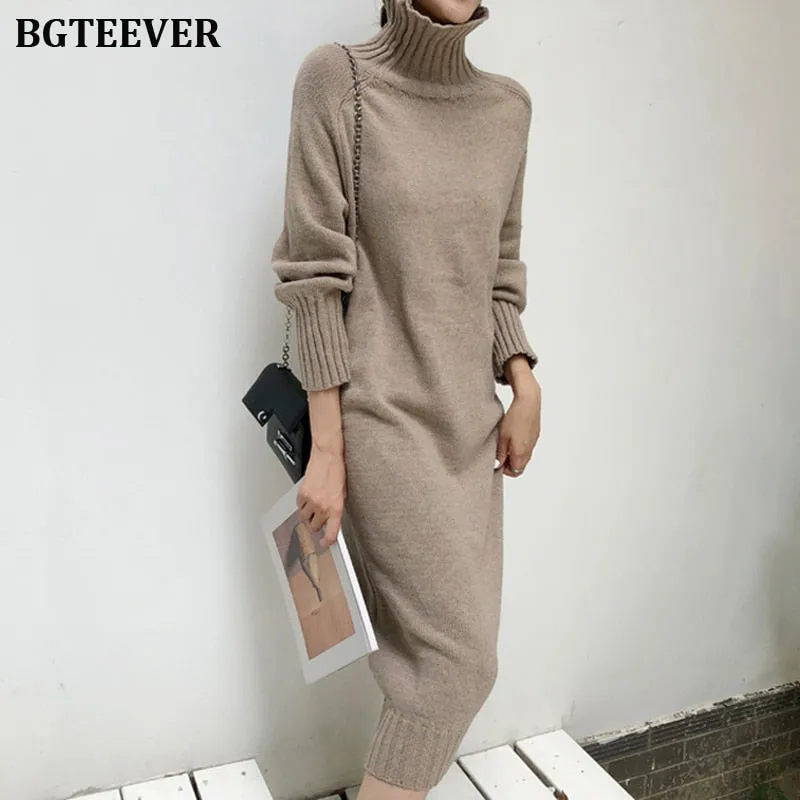 Joskaa Christmas Gift Elegant Turtleneck Knitted Dress Women Autumn Loose Female Sweater Dress Winter Thicken Knitted Pullovers Dress Vestidos 2019