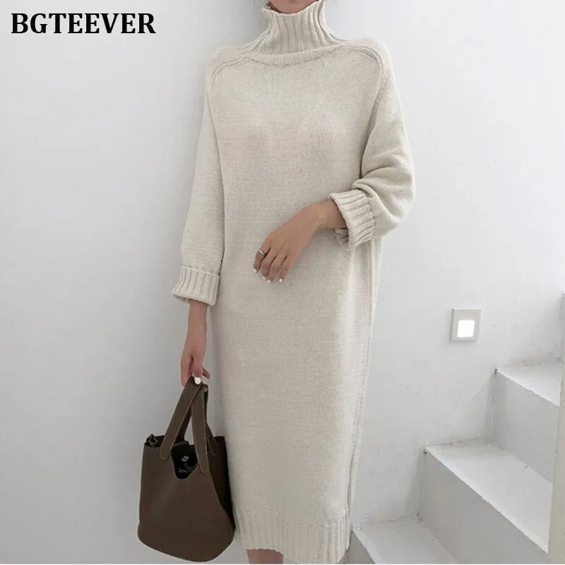 Joskaa Christmas Gift Elegant Turtleneck Knitted Dress Women Autumn Loose Female Sweater Dress Winter Thicken Knitted Pullovers Dress Vestidos 2019