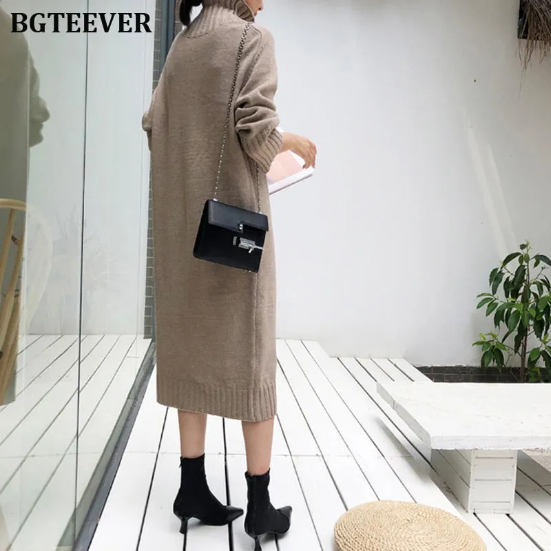 Joskaa Christmas Gift Elegant Turtleneck Knitted Dress Women Autumn Loose Female Sweater Dress Winter Thicken Knitted Pullovers Dress Vestidos 2019