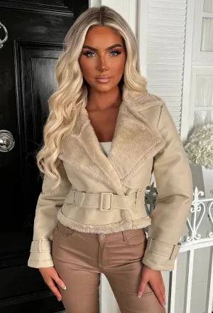 Katya Cream Faux Sheepskin Belted Biker Jacket