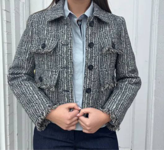 LUISA CERANO - Herringbone Single Breasted Fringe Blazer in Navy and Cream