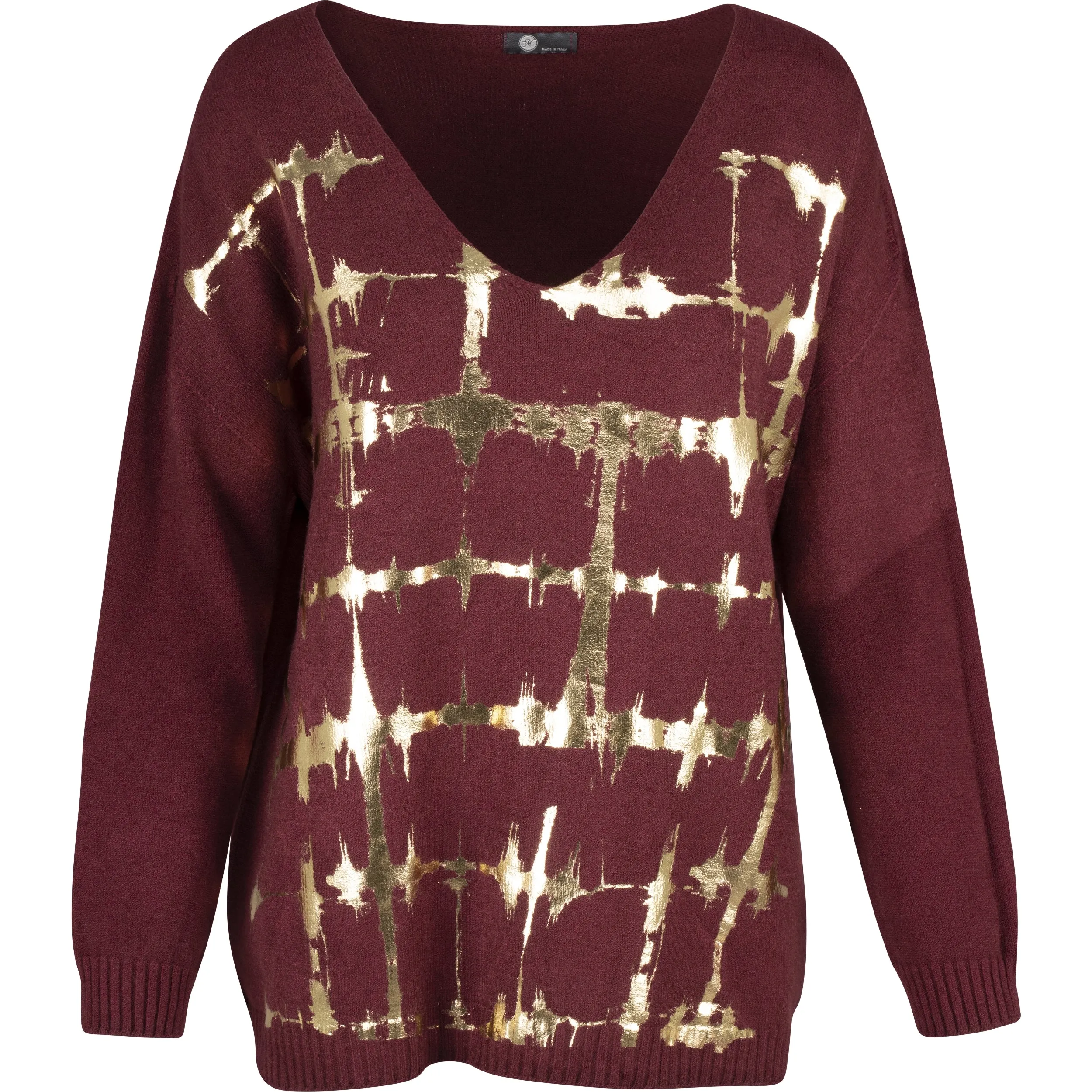 M Made in Italy – V-Neckline Sweater With Set-In Long Sleeves And Gold Foil Detailing