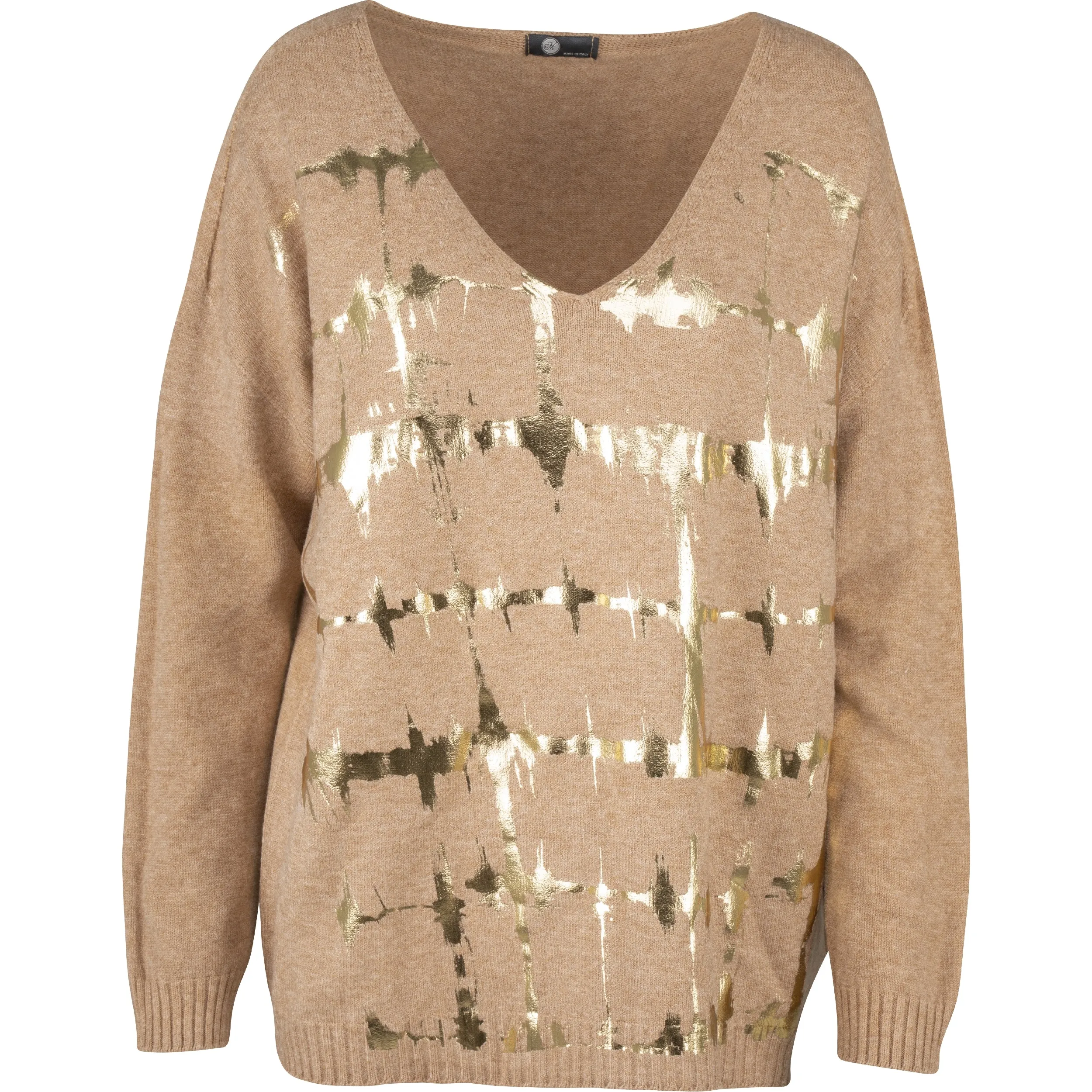 M Made in Italy – V-Neckline Sweater With Set-In Long Sleeves And Gold Foil Detailing