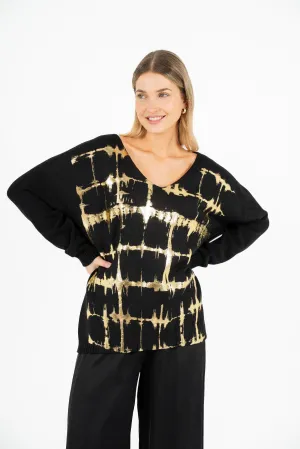 M Made in Italy – V-Neckline Sweater With Set-In Long Sleeves And Gold Foil Detailing