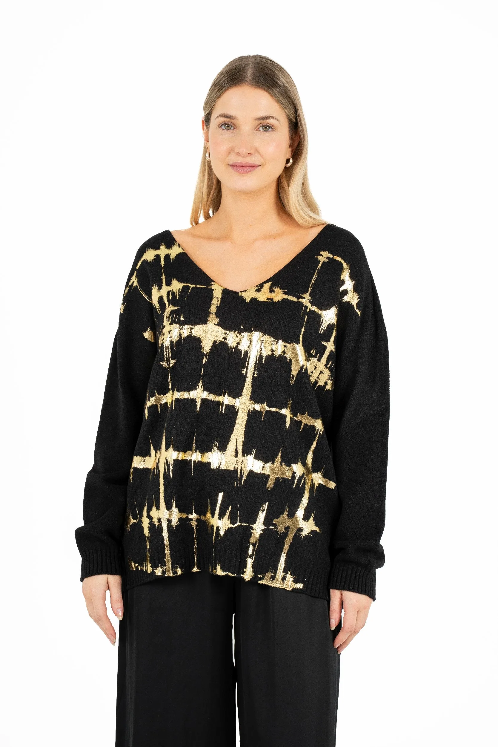 M Made in Italy – V-Neckline Sweater With Set-In Long Sleeves And Gold Foil Detailing