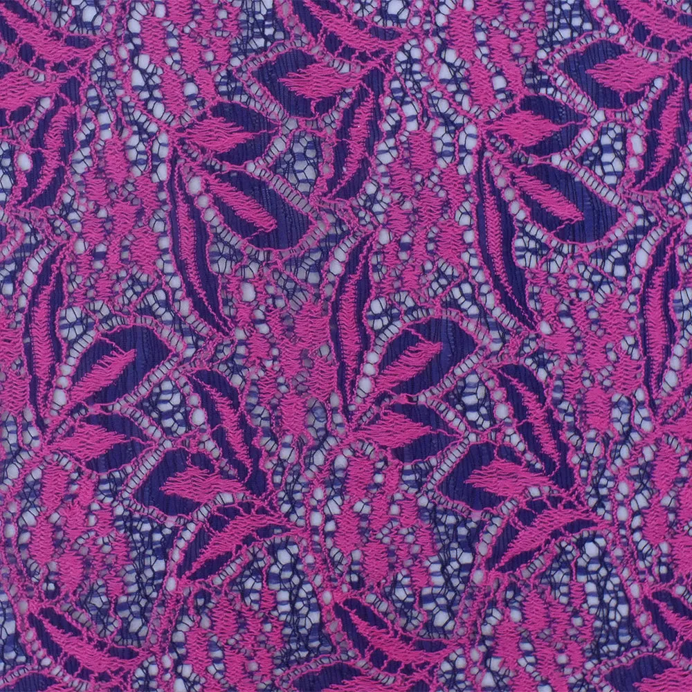 Magenta Pink-Blue Floral Nylon Cotton Crochet Lace Knit Fabric