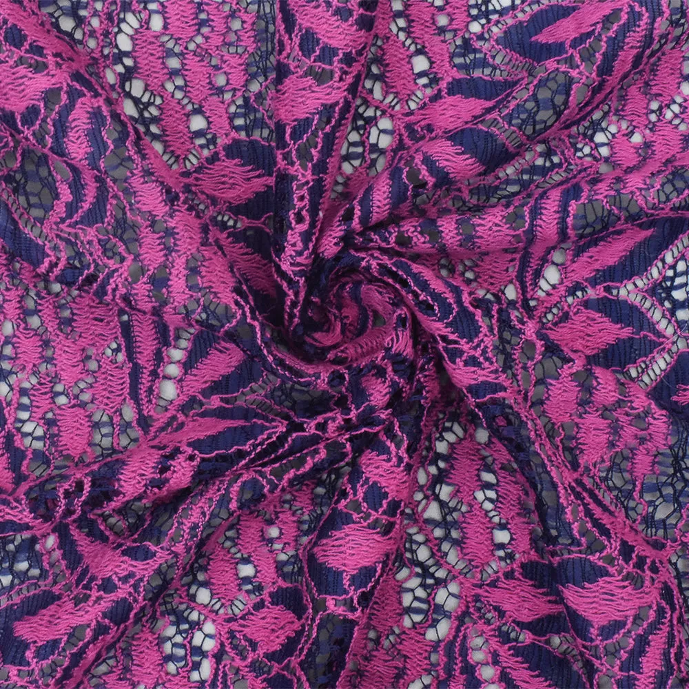 Magenta Pink-Blue Floral Nylon Cotton Crochet Lace Knit Fabric