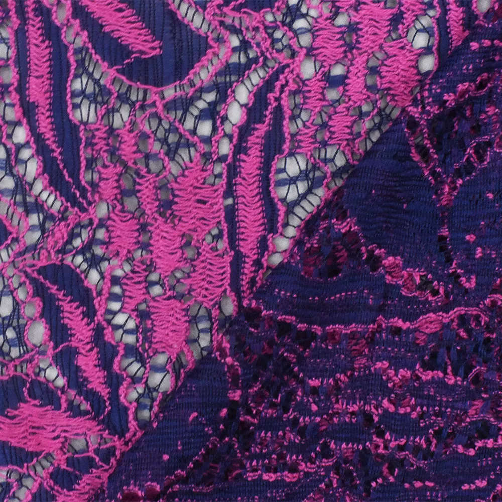 Magenta Pink-Blue Floral Nylon Cotton Crochet Lace Knit Fabric