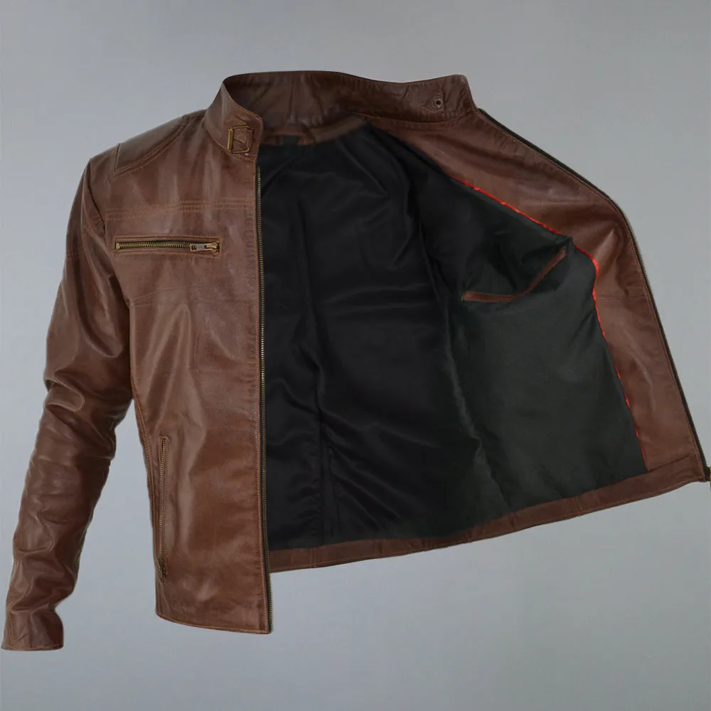 Men's Brown Waxed Cafe Racer Real Sheepskin Leather Jacket