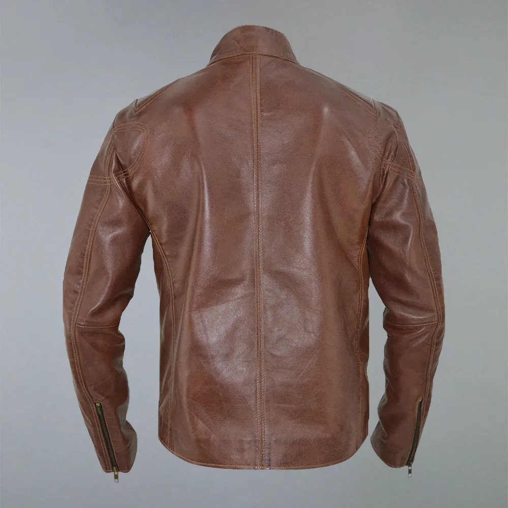 Men's Brown Waxed Cafe Racer Real Sheepskin Leather Jacket