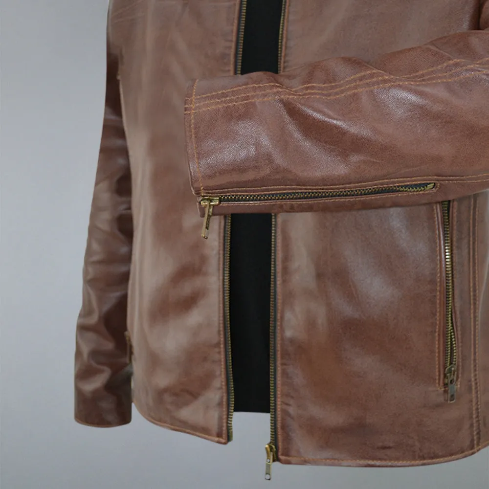 Men's Brown Waxed Cafe Racer Real Sheepskin Leather Jacket