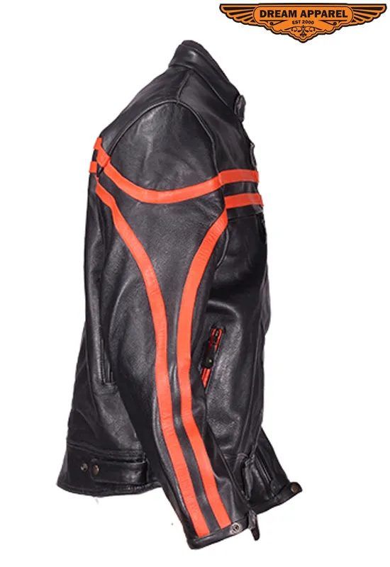 Mens Racer Style Leather Jacket with Zippered Cuffs