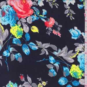 Navy/Salmon/Aqua Floral Crepe Georgette Fabric